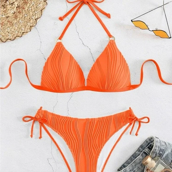 Swim Summer Beach Plain Halter Push Up Bikini Swimsuit - Picture 2 of 4